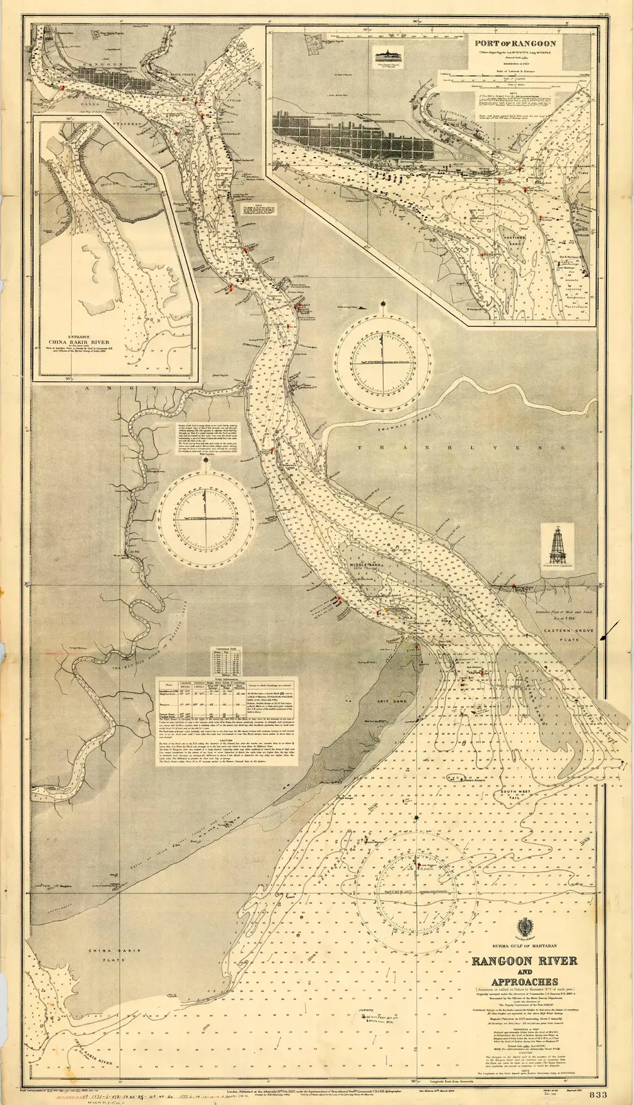 Map Burma (Myanmar) – Gulf of Martaban – Rangoon River and Approaches – Port of Rangoon (Yangon) – Entrance China Bakir River 1923