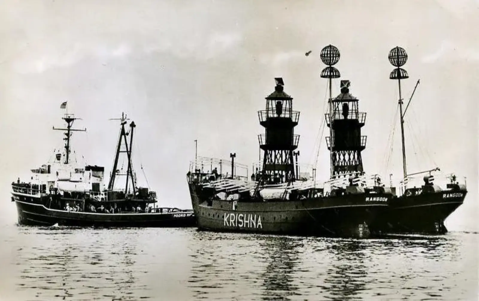 Rangoon Area Lightvessels Krishna & Baragua. Built in 1953 by the Ferus Smit Yard, Westerbroek, Groningen, The Netherlands. Towed to Burma by the Noord Holland, Wijsmuller, IJmuiden. Nice ships with accommodation, and tropic sun covering.