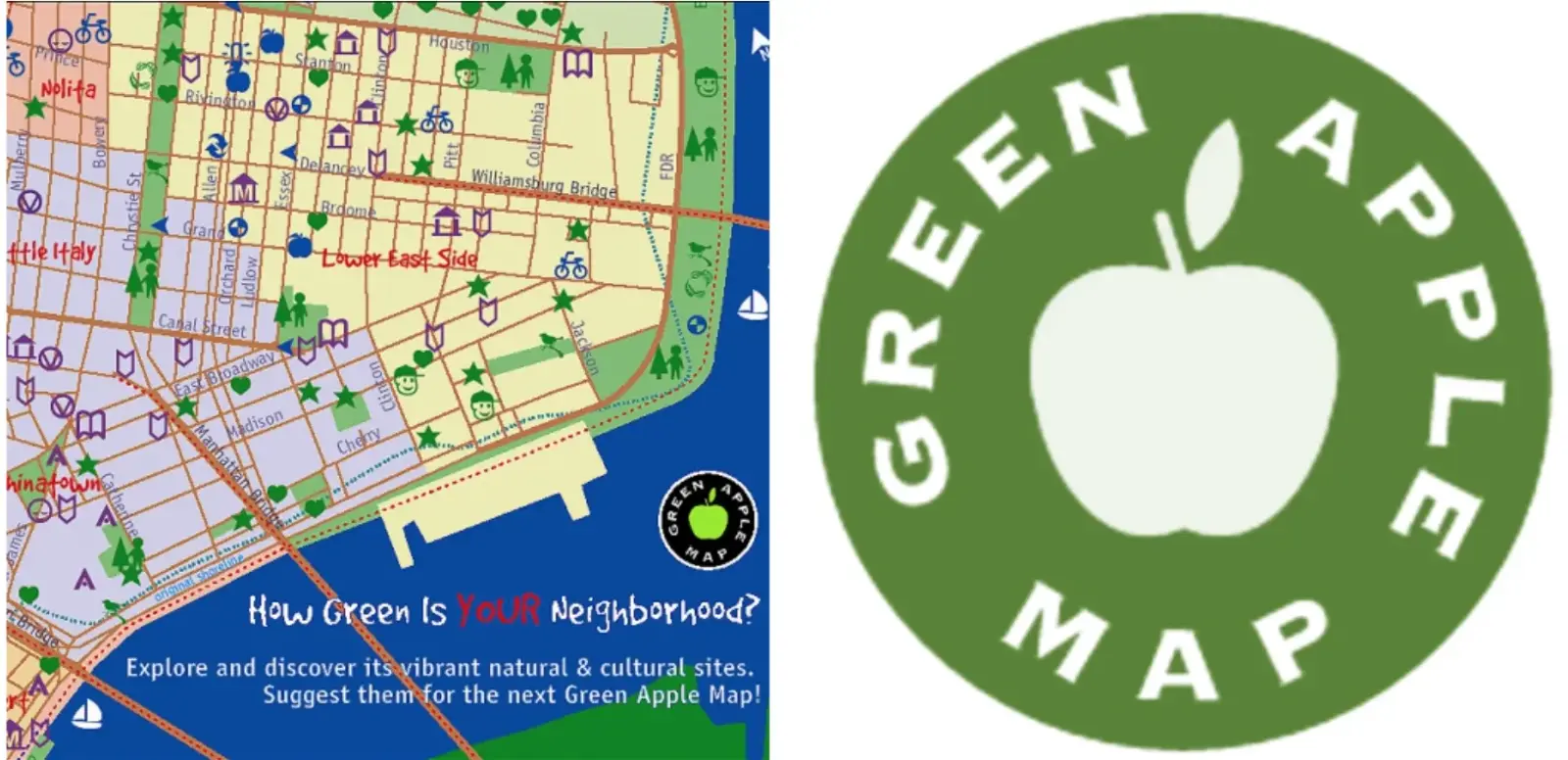 The first Green Map was called the Green Apple Map. We published several maps  March 21, 1992 - April 22, 2006, and newer!