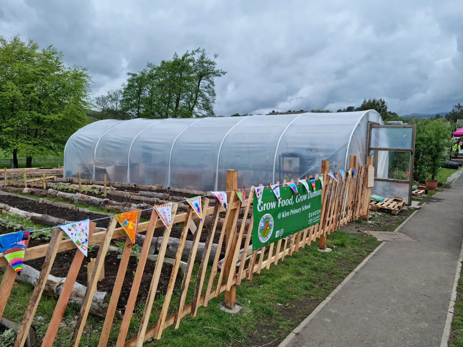 The raised beds and polytunnel at the Kirn Primary site